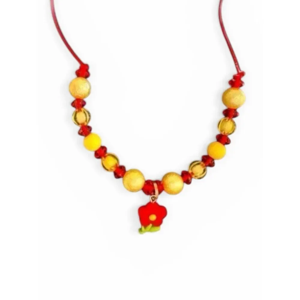 NWOT Toddler/Girls Adjustable Beaded Necklace Flower Pendant Yellow Res - 10-14”